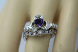 2ct Heart Purple Amethyst Engagement Ring Claddagh Bridal Set 14k WhiteGold Over