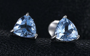 2ct Stud Earrings Trillion Cut Blue Topaz Solitaire Design 14k White Gold Finish