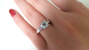 1ct Engagement Ring Asscher Cut Blue Aquamarine Solitaire 14k White Gold Finish