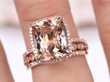 3ct Cushion Cut Peach Morganite Trio Set Engagement Ring 14k Rose Gold Finish