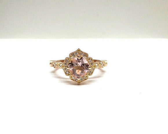 1.9ct Engagement Ring Cushion Cut Morganite Milgrain Floral 14k Rose Gold Finish