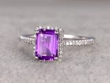 2.3ct Emerald Cut Purple Amethyst Engagement Ring Halo 14k White Gold Finish