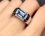 2.1ct Emerald Cut Blue Topaz Solitaire Engagement Men Ring 14k White Gold Finish