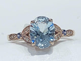 2.5ct Oval Cut Blue Aquamarine Milgrain Leaf Accent Ring 14k Rose Gold Finish