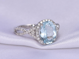 3ct Oval Cut Blue Aquamarine Engagement Ring Diamond Halo 14k White Gold Finish