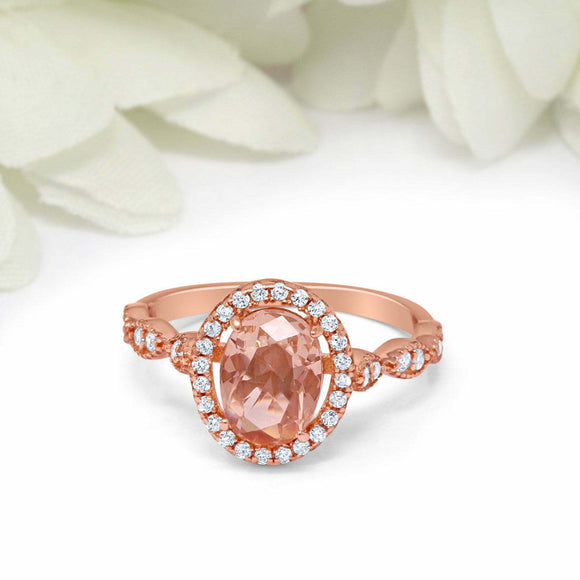 2ct Oval Peach Morganite Engagement Ring Diamond Accent Halo 14k Rose Gold Over