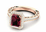 2.5ct Emerald Cut Red Garnet Halo Solitaire with Accent Ring 14k RoseGold Finish