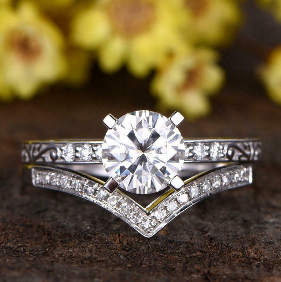 2.3ct Round Cut Diamond Engagement Bridal Set Curved Band 14k White Gold Finish