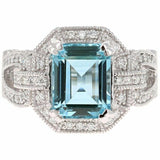 4ct Emerald Blue Aquamarine Engagement Ring Art Deco Cluster 14k White Gold Over