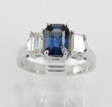 2.3ct Emerald Cut Blue Sapphire Trilogy Engagement Ring 14k White Gold Finish