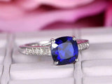 1.6ct Cushion Cut Blue Sapphire Diamond Accent Solitaire Ring 14k WhiteGold Over