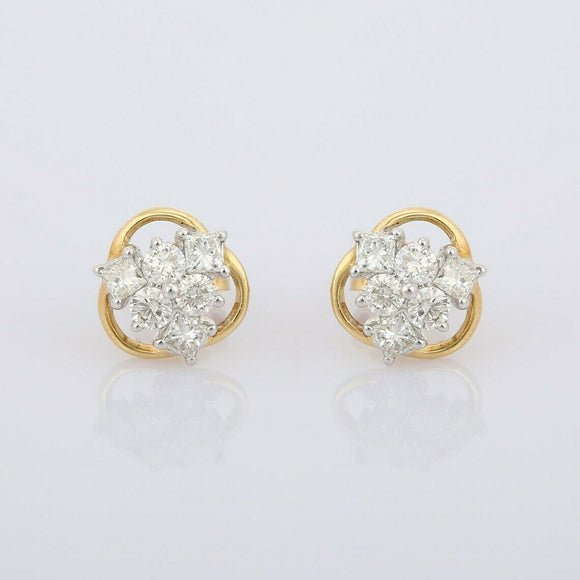 1.45ct Stud Earrings Princess Round Cut Diamond Cluster 14k Yellow Gold Finish