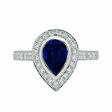 2Ct Pear Cut Blue Sapphire Bezel Set Diamond Halo Ring 14K White Gold Finish