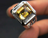 3.5ct Emerald Cut Yellow Citrine Halo Engagement Men Ring 14k White Gold Finish