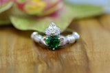 1ct Heart Cut Green Emerald Engagement Ring Diamond Claddagh 14k White Gold Over