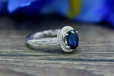 2.2ct Oval Cut Blue Sapphire Engagement Ring Vintage Halo 14k White Gold Finish