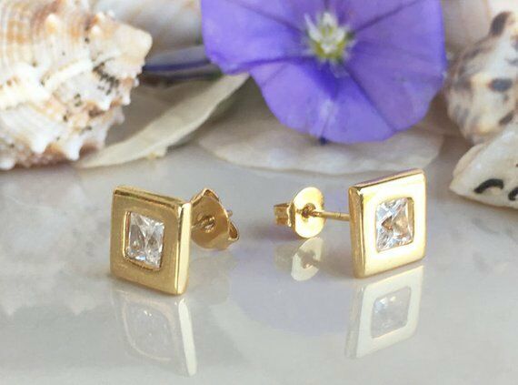 1.4ct Princess Cut Diamond Solitaire Women Stud Earrings 14k Yellow Gold Finish