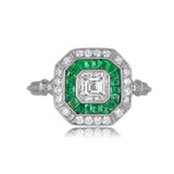 3ct Asscher Cut Diamond Green Emerald Halo Art Deco Ring 14k White Gold Finish