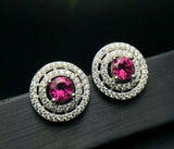 2.75ct Stud Earrings Round Cut Pink Ruby Diamond Dual Halo 14k White Gold Finish