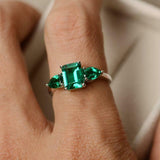 2ct Green Emerald Cut Pear Accents Trilogy Engagement Ring 14k White Gold Finish