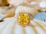 2.5ct Engagement Ring Asscher Cut Yellow Citrine Diamond Halo 14k Rose Gold Over