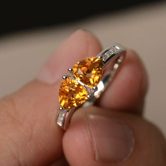 2ct Trillion Cut Yellow Citrine Two Stone Engagement Ring 14k White Gold Finish