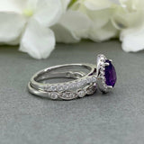 1.6ct Pear Purple Amethyst Halo Bridal Set Engagement Ring 14k White Gold Finish