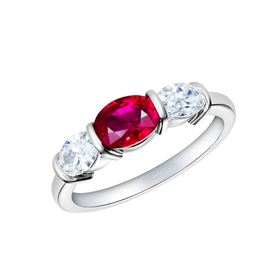 2.5Ct Oval Pink Ruby Diamond Accents Trilogy Engagement Ring 14K White Gold Over