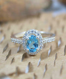 2ct Engagement Ring Oval Cut Blue Topaz Diamond Halo 14k White Gold Finish