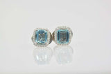 2ct Emerald Cut Blue Aquamarine Diamond Halo Stud Earrings 14k White Gold Finish