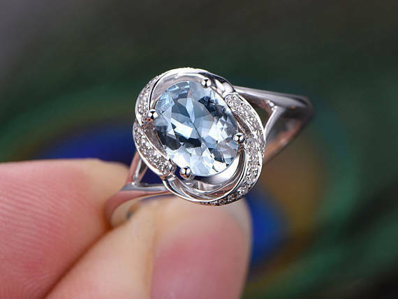 1ct Oval Cut Blue Aquamarine Engagement Ring 14k White Gold Finish Solitaire