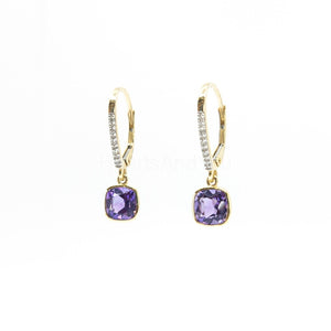 1ct Cushion Simulated Amethyst Bezel Set Drop Earrings 14k Yellow Gold Plated