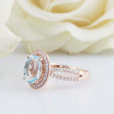 2.5ct Oval Cut Blue Aquamarine Ring Diamond Halo Split Shank 14k RoseGold Finish