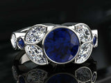 3ct Round Blue Sapphire Engagement Ring Leaf Marquise Accent 14k White Gold Over