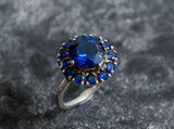 2.5ct Engagement Ring Round Cut Blue Sapphire Halo Solitaire 14k White Gold Over