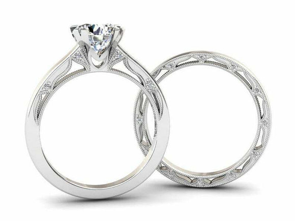 1ct Round Cut Diamond Milgrain Solitaire Bridal Set Ring 14k White Gold Finish