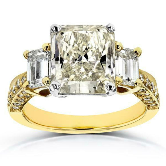 5Ct Radiant Cut Diamond Exquisite Trilogy Engagement Ring 14K Yellow Gold Finish