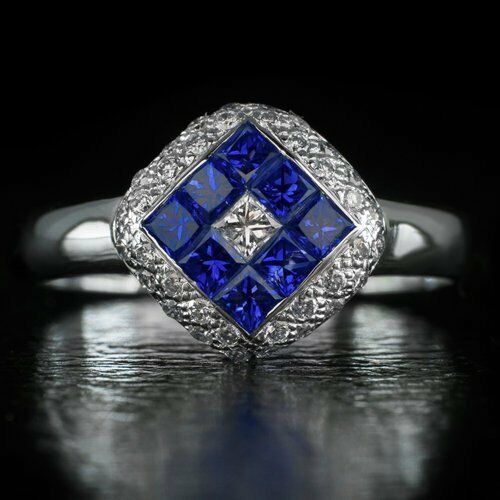 3Ct Princess Cut Diamond Blue Sapphire Halo Engagement Ring 14K White Gold Over