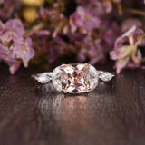 1.5ct Cushion Cut Peach Morganite Floral Leaf Solitaire Ring 14k Dual Gold Over