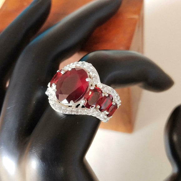 5ct Engagement Ring Oval Cut Red Garnet Cocktail Women 14k White Gold Finish