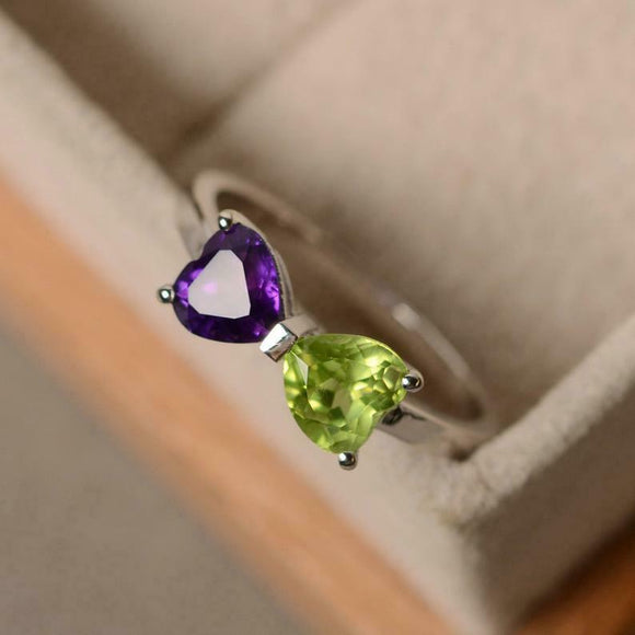 1.2ct Engagement Ring Heart Cut Amethyst & Peridot Bow Knot 14k WhiteGold Finish