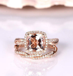 2ct Cushion Cut Peach Morganite Bridal Set Engagement Ring 18k Rose Gold Finish