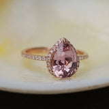 1ct Pear Cut Peach Morganite Halo Filigree Engagement Ring 14k Rose Gold Finish