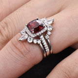 2ct Cushion Cut Red Garnet Crown Trio Set Engagement Ring 14k White Gold Finish