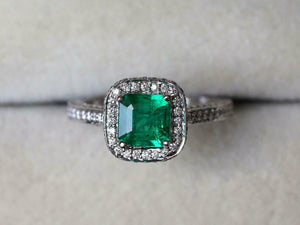 2.2ct Engagement Ring Princess Cut Green Emerald Halo 14k White Gold Finish