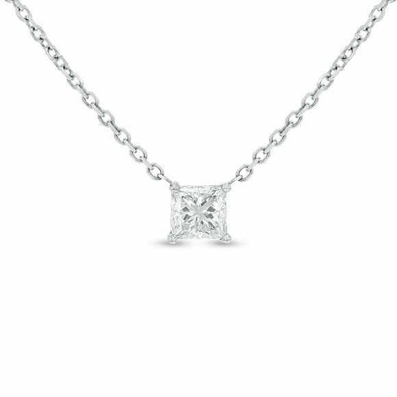 1ct Diamond Princess Cut Brilliant Solitaire Pendant Chain 14k White Gold Finish