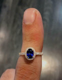 2ct Oval Cut Blue Sapphire Halo Solitaire with Accent Ring 14k Rose Gold Finish