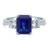 1.5Ct Emerald Cut Blue Sapphire Diamond Accents Trilogy Ring 14K White Gold Over