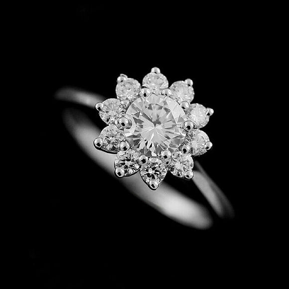 1.5Ct Round Cut DVVS1 Diamond Flower Halo Engagement Ring 14K White Gold Finish