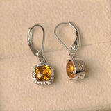 2.5ct Drop Earrings Cushion Cut Yellow Citrine Diamond Halo 14k WhiteGold Finish